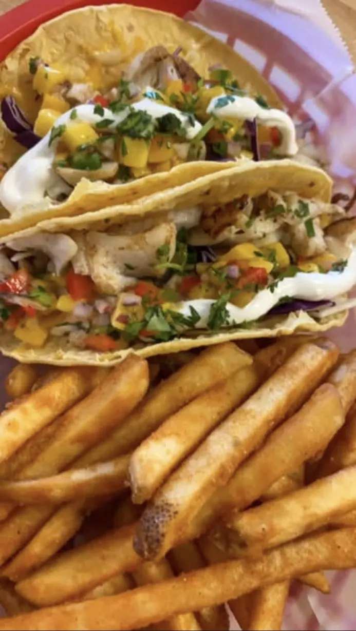 Fresh fish tacos with mango salsa and fries at The Fisherman's Daughter in Hoonah, Alaska