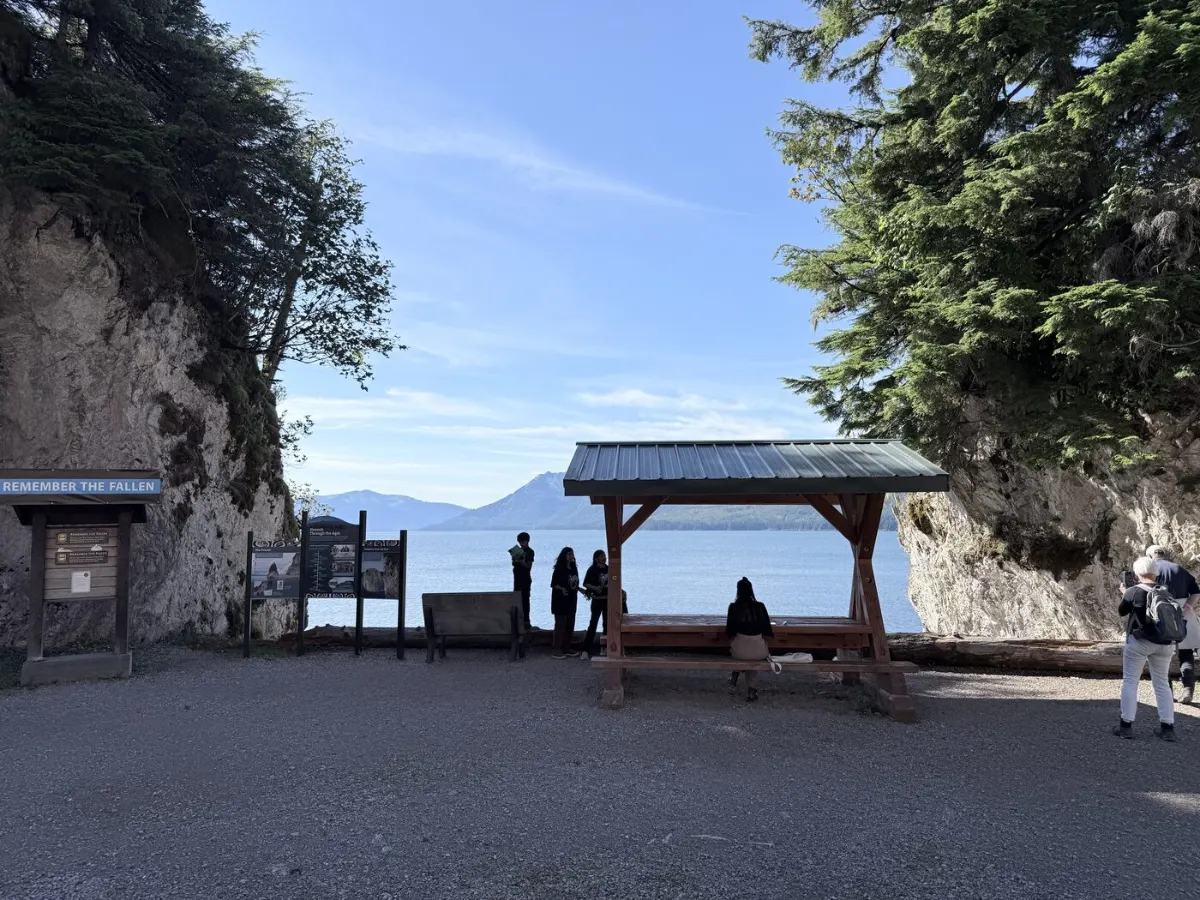 Remember the Fallen memorial and Hoonah Through the Ages history panels along the Hoonah Veterans Memorial Sea Walk, overlooking the strait